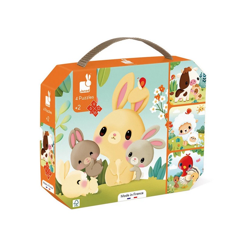 Set 4 puzzle evolutivi per bambini dai 2 anni in su a tema animali della fattoria: da 6, a 9, a 12 a 16 pezzi